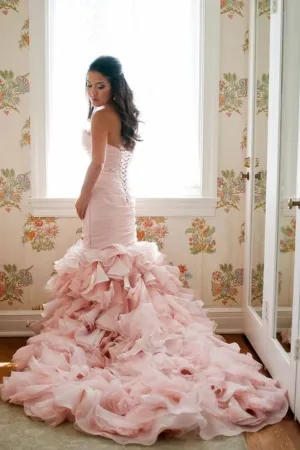 Blush Pink Organza Mermaid Wedding Gown Ruffles Skirt