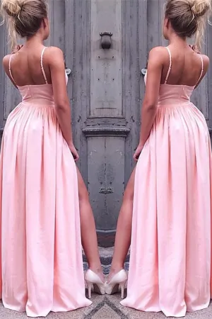 Blush Pink Prom Gown with Flirty Spaghetti Straps and Daring Leg Slit