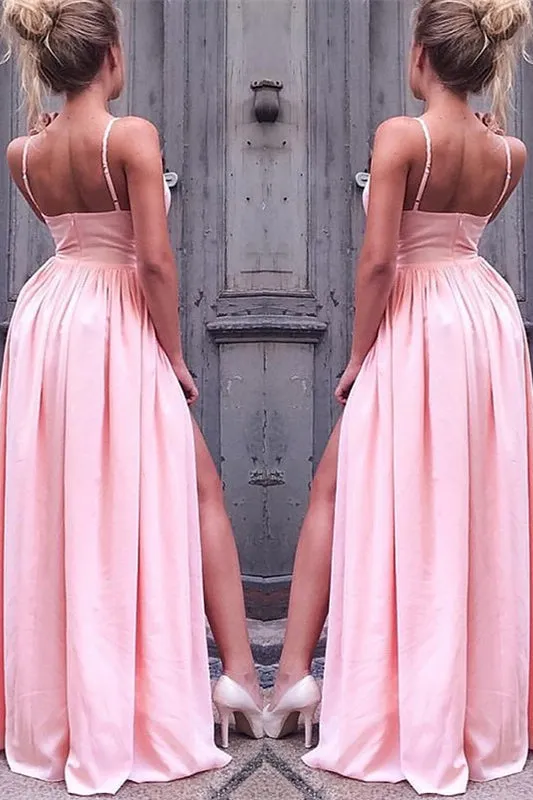 Blush Pink Prom Gown with Flirty Spaghetti Straps and Daring Leg Slit