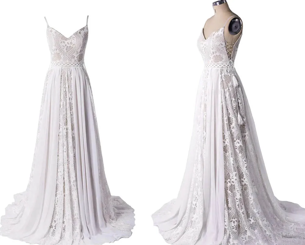 Bohemian A-line V-neck Lace Wedding Dresses, Beach Wedding Gowns, MW801