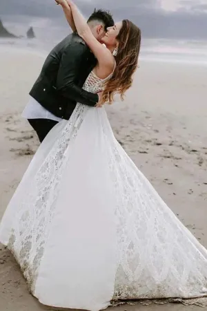 Bohemian A-line V-neck Lace Wedding Dresses, Beach Wedding Gowns, MW801