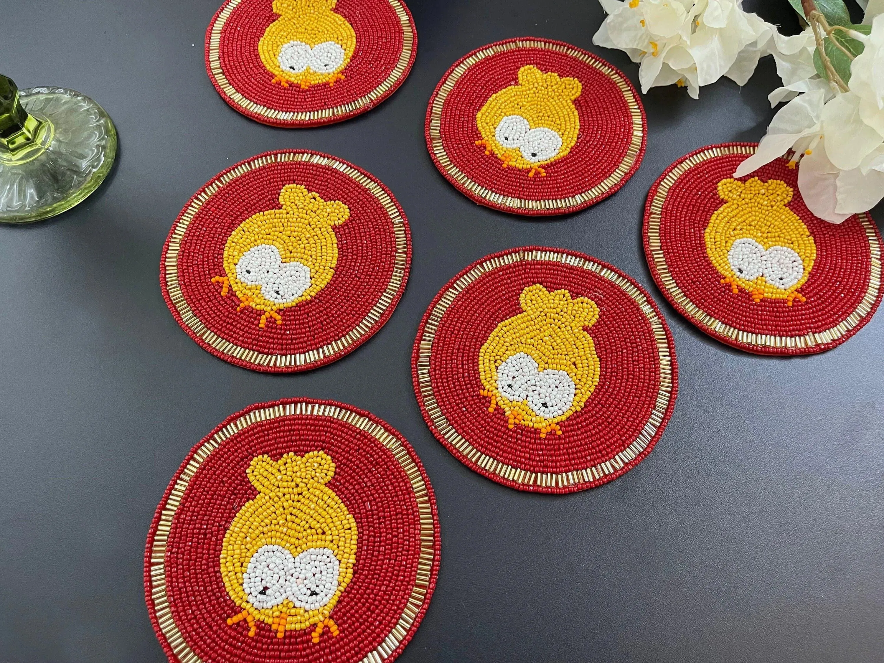 Brood of Feeding Chickens Beaded Drink Coasters