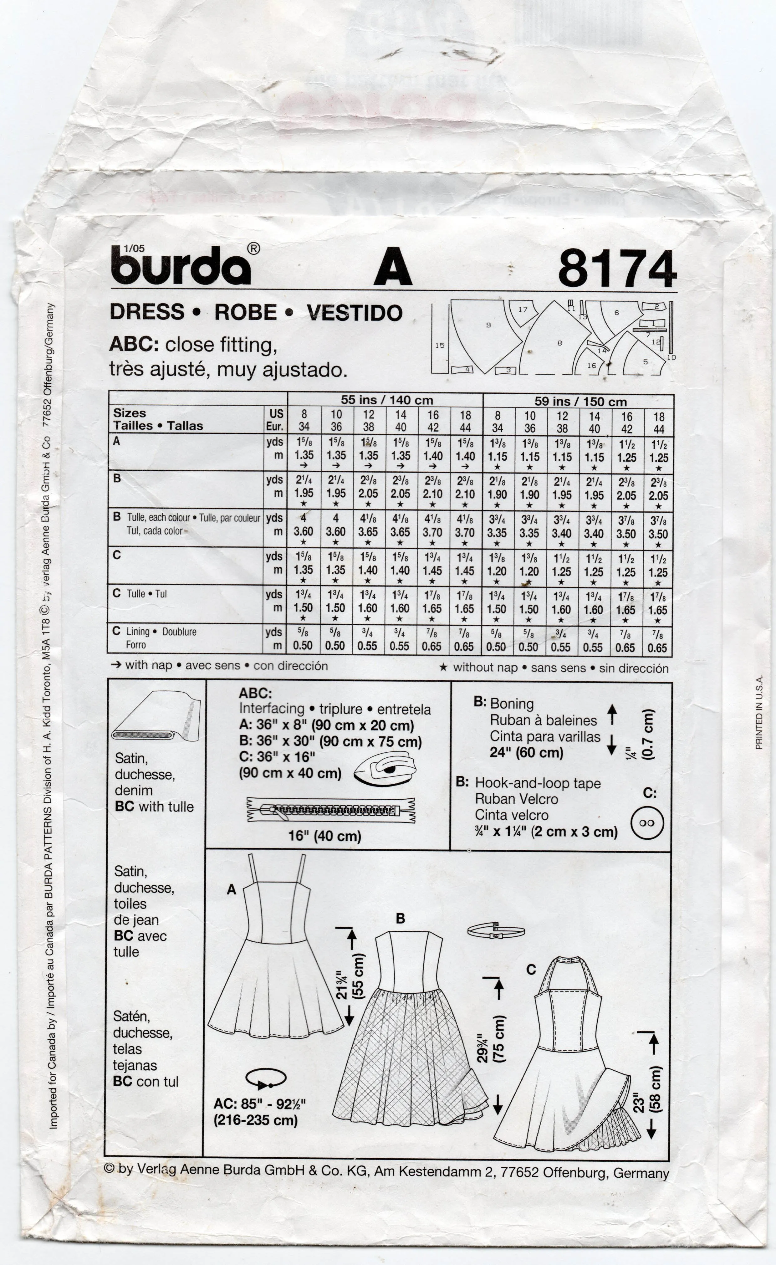 Burda Young 8174 Womens Low Waisted Prom Dress with Tulle Skirt Out Of Print Sewing Pattern Sizes 8 - 18 UNCUT Factory Folded