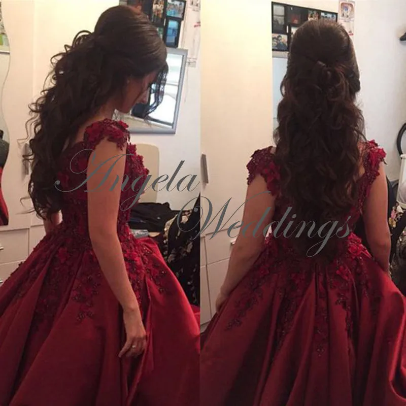Burgundy Ball Gown Evening Dresses with Flowers Beaded