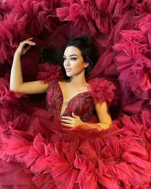 Burgundy Ruffles Wedding Dresses Tulle Skirt Ball Gown Sexy Plunge V-Neck Bridal Wedding Gowns 803073