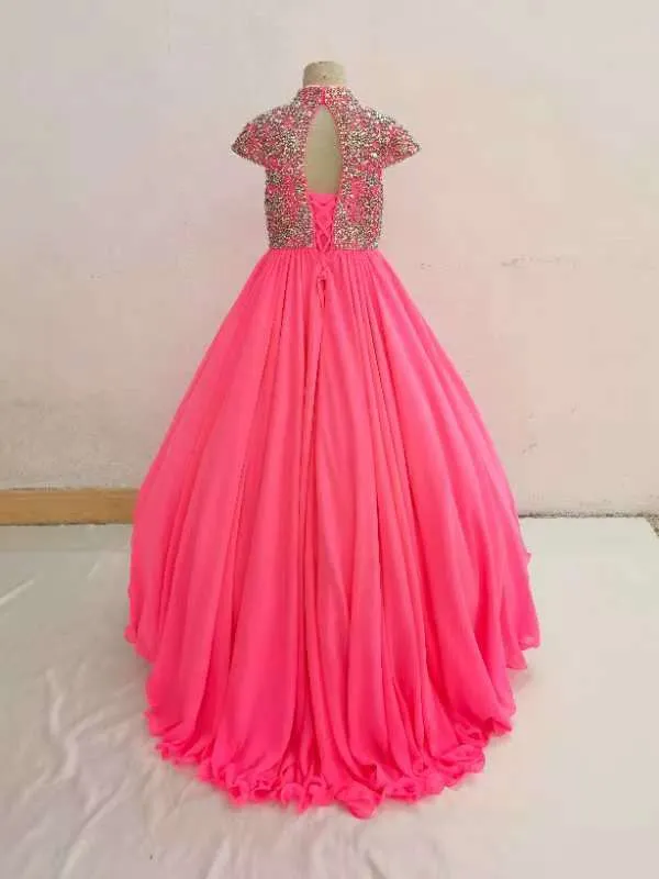 Cap Sleeve Heavy Beaded Bodice Kids Pink Pageant Gown