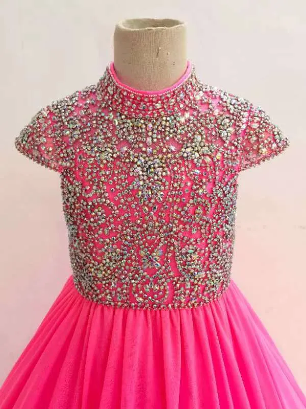 Cap Sleeve Heavy Beaded Bodice Kids Pink Pageant Gown