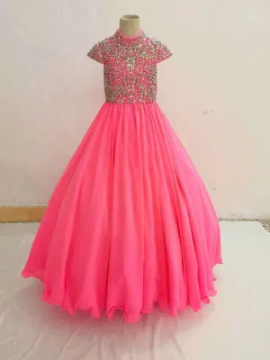 Cap Sleeve Heavy Beaded Bodice Kids Pink Pageant Gown