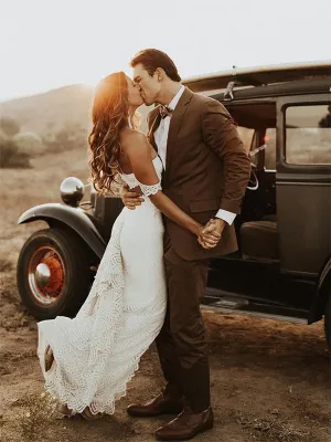 Cap Sleeve Sweetheart Lace Wedding Dress with Slit Bohemian Wedding Dress Mermaid CA061