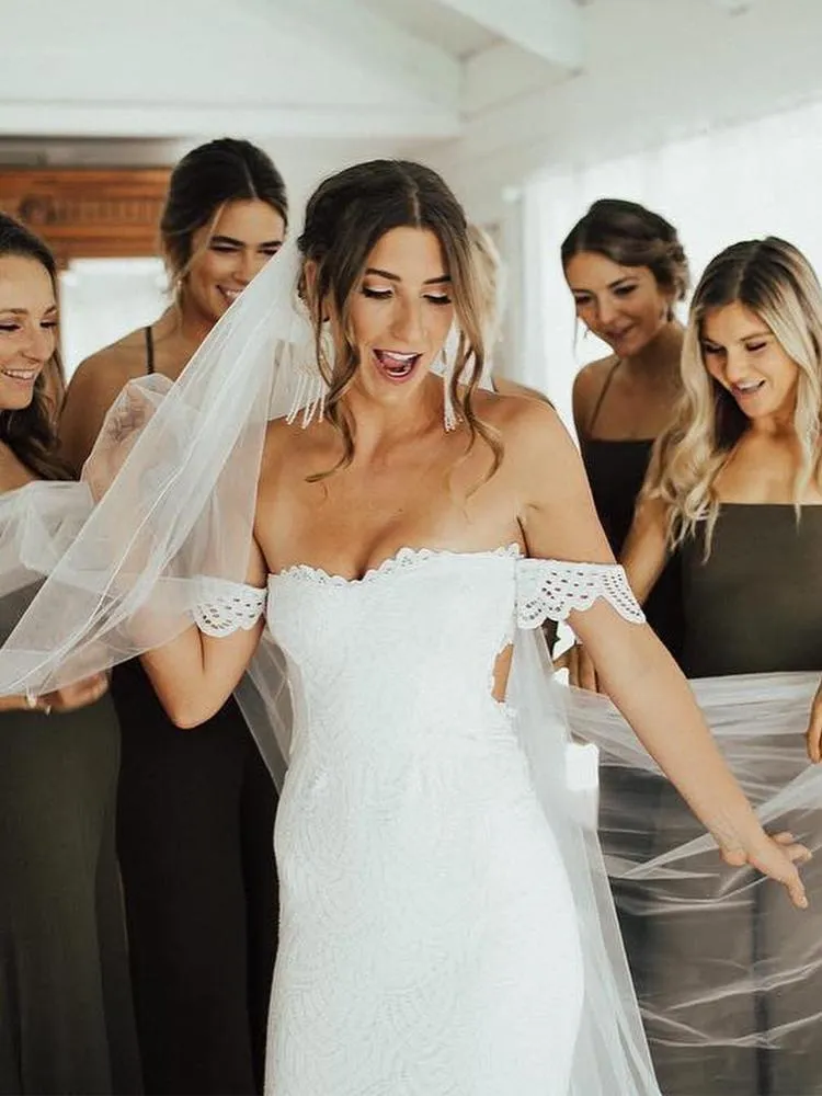 Cap Sleeve Sweetheart Lace Wedding Dress with Slit Bohemian Wedding Dress Mermaid CA061