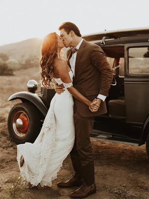 Cap Sleeve Sweetheart Lace Wedding Dress with Slit Bohemian Wedding Dress Mermaid CA061