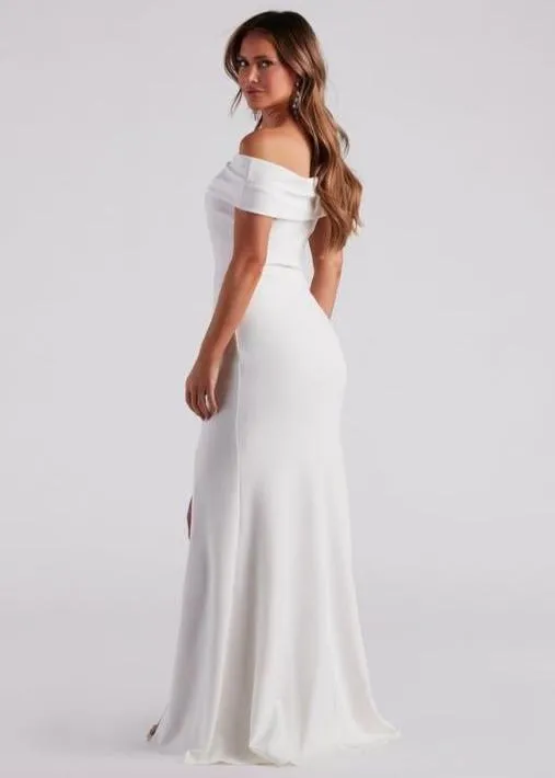 Carla ivory off shoulder ball or wedding dress with split Express NZ wide