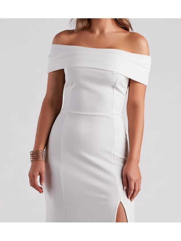 Carla ivory off shoulder ball or wedding dress with split Express NZ wide