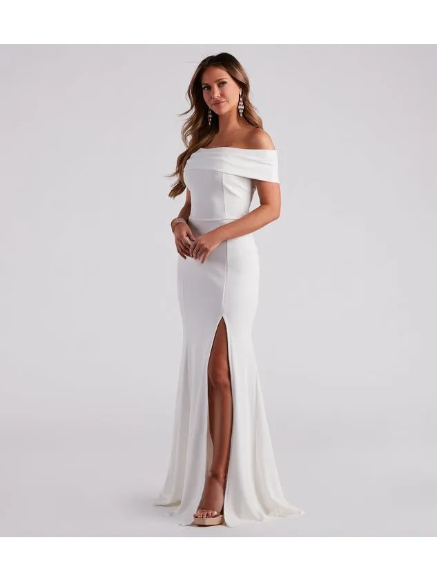 Carla ivory off shoulder ball or wedding dress with split Express NZ wide