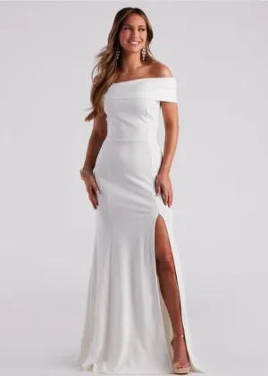 Carla ivory off shoulder ball or wedding dress with split Express NZ wide