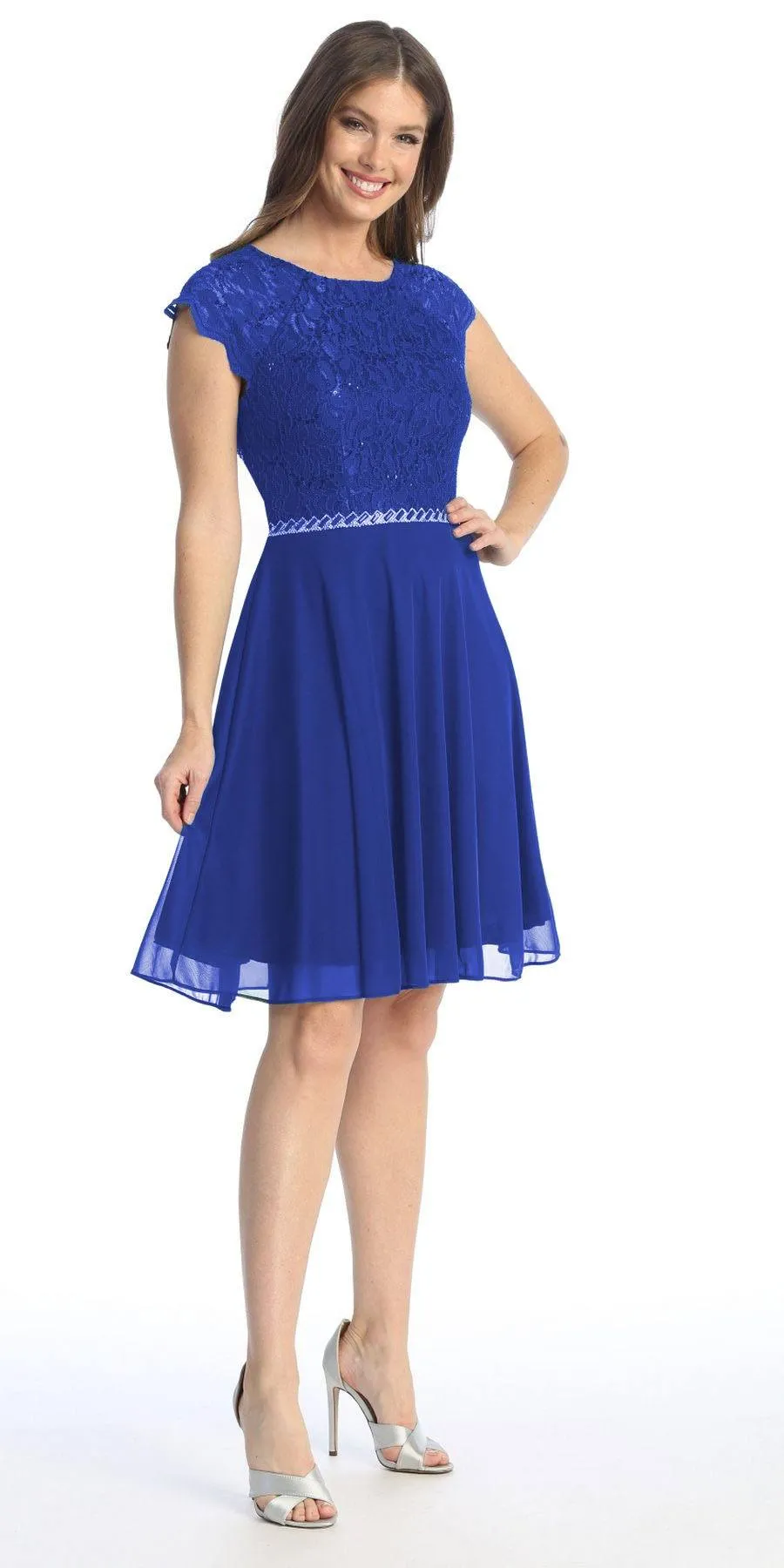 Celavie 6394-S Embellished Waist Short Dress Short Sleeves