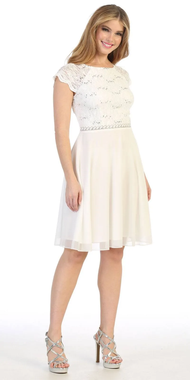 Celavie 6394-S Embellished Waist Short Dress Short Sleeves