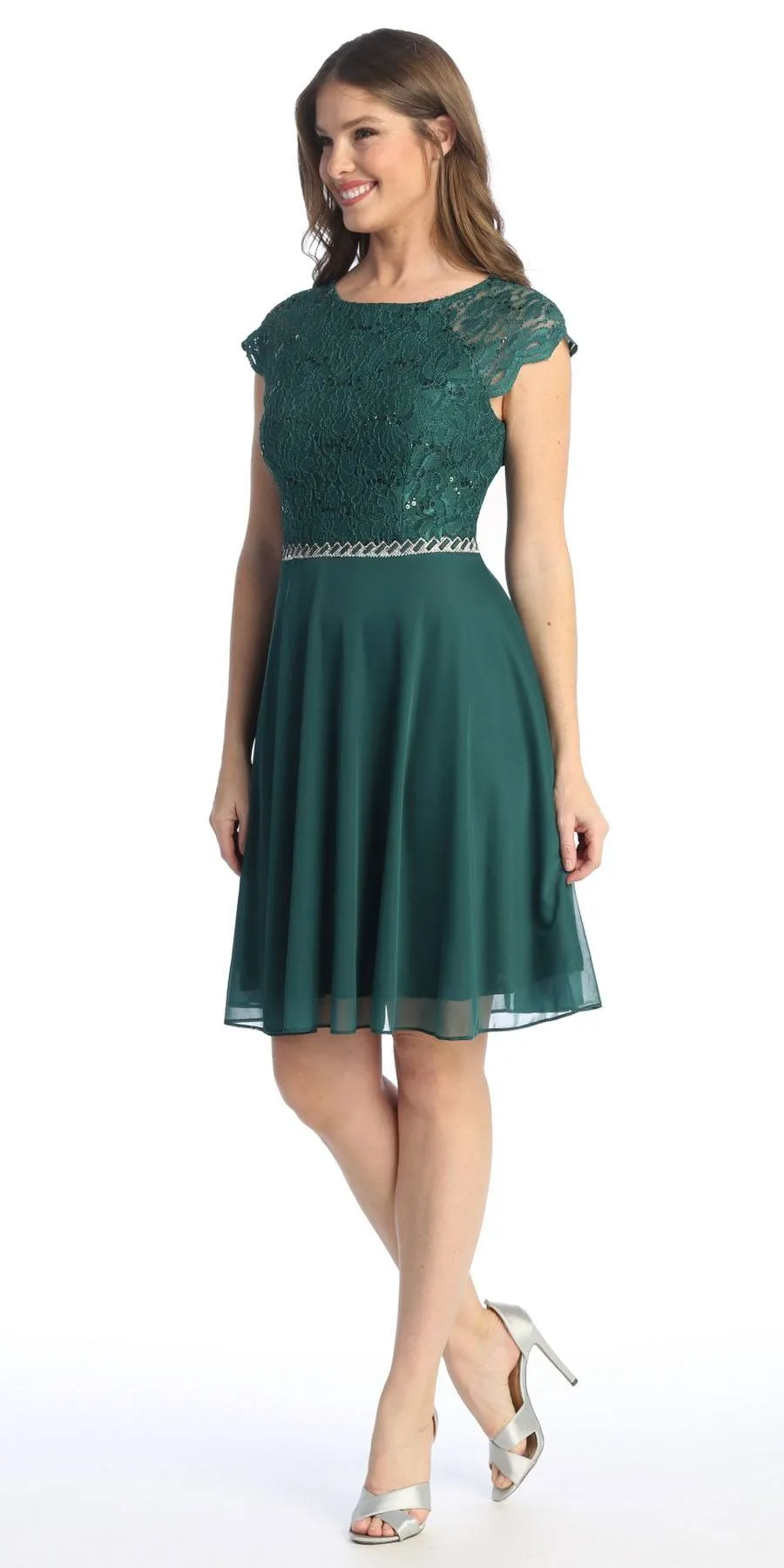 Celavie 6394-S Embellished Waist Short Dress Short Sleeves