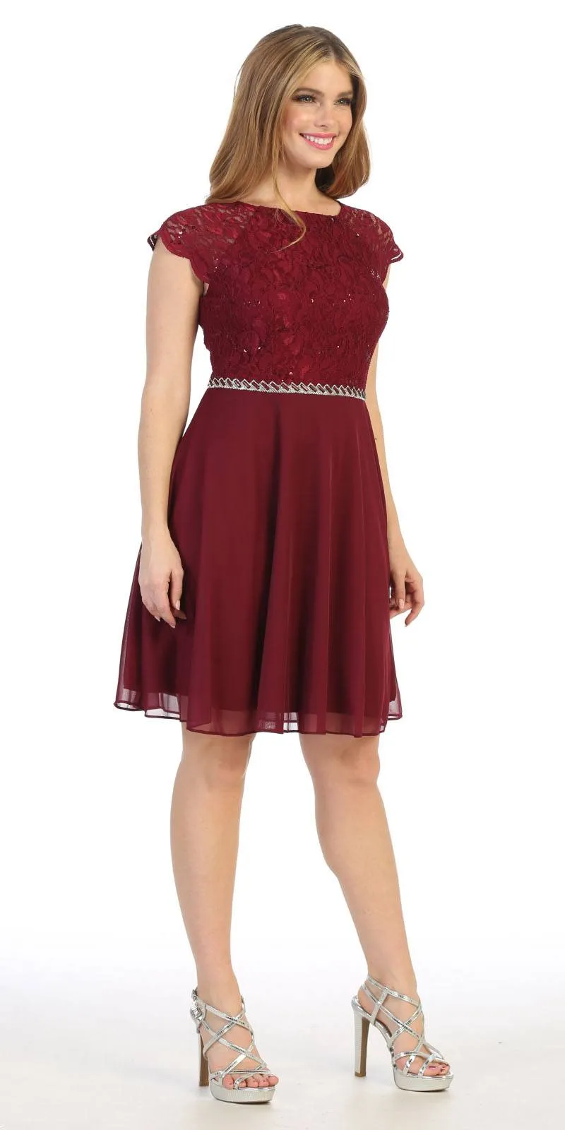Celavie 6394-S Embellished Waist Short Dress Short Sleeves