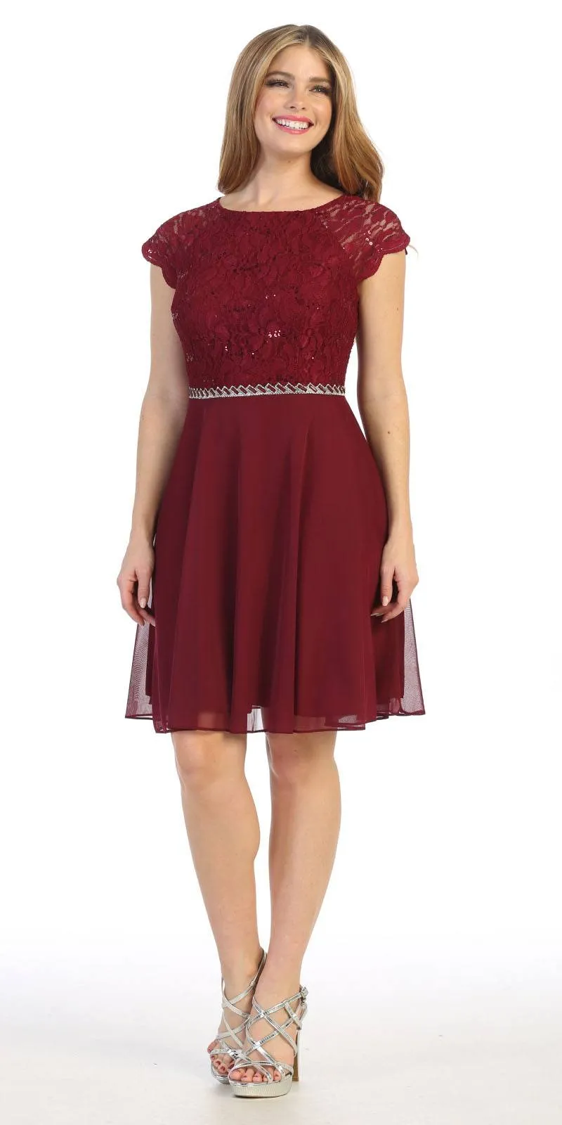 Celavie 6394-S Embellished Waist Short Dress Short Sleeves