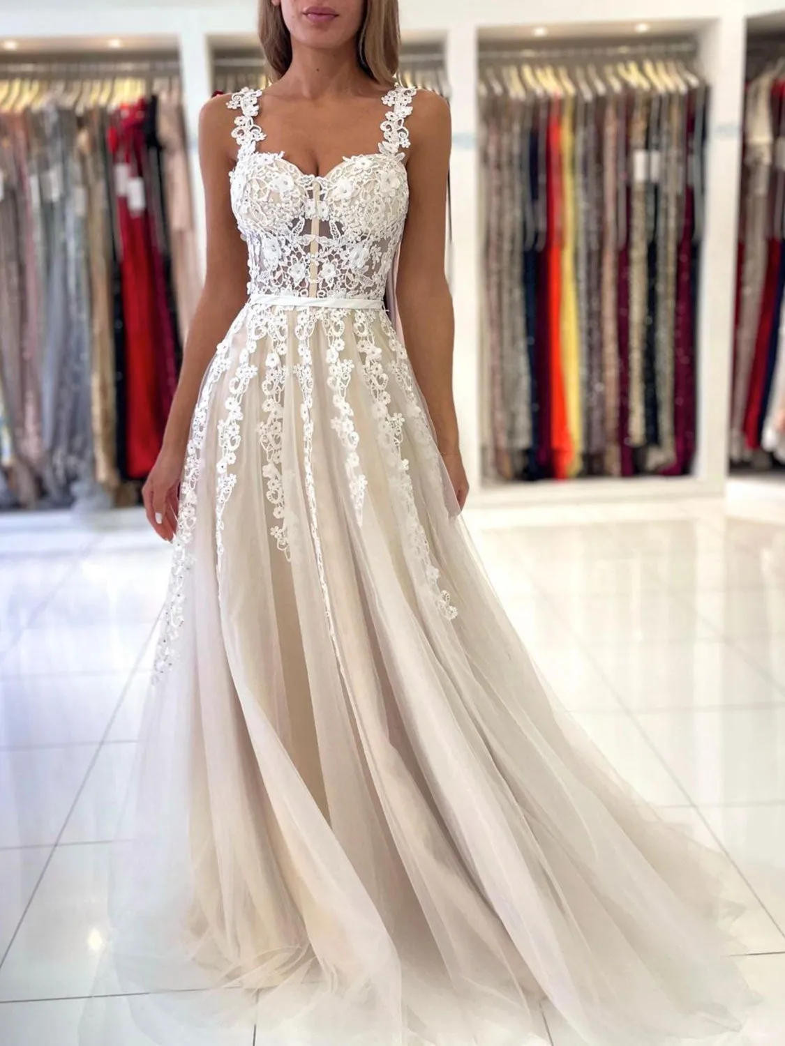 Champagne A-Line Lace Long Prom Dresses, Champagne Formal Evening Dresses