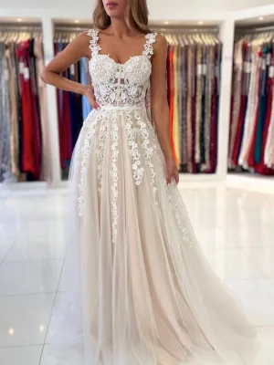 Champagne A-Line Lace Long Prom Dresses, Champagne Formal Evening Dresses