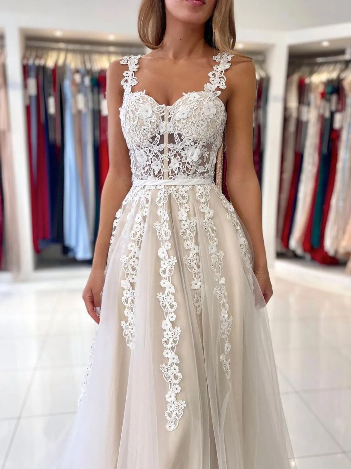 Champagne A-Line Lace Long Prom Dresses, Champagne Formal Evening Dresses