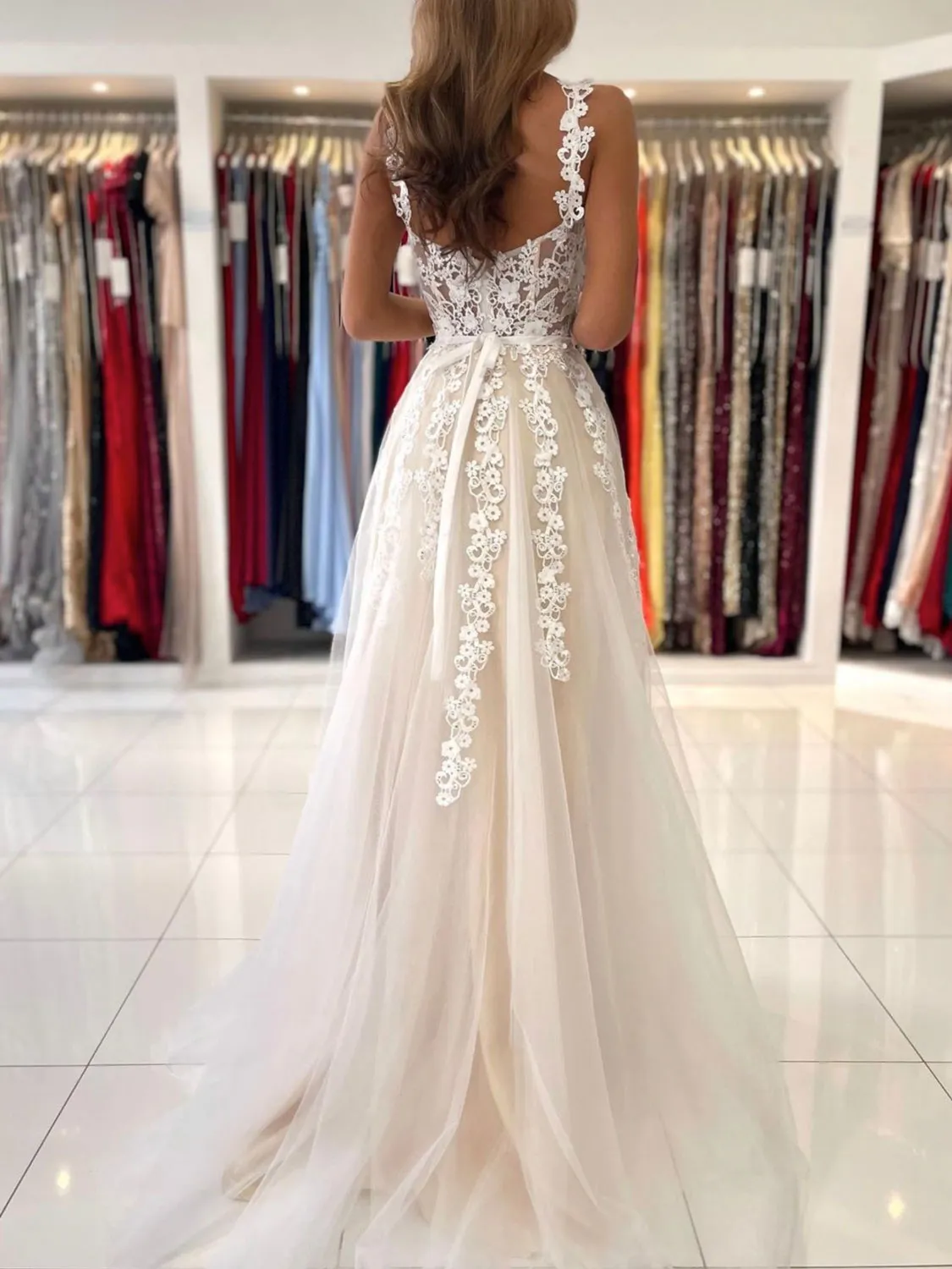 Champagne A-Line Lace Long Prom Dresses, Champagne Formal Evening Dresses