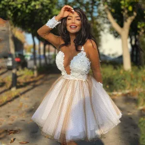 champagne prom dresses short lace applique cheap graduation dress robe de cocktail