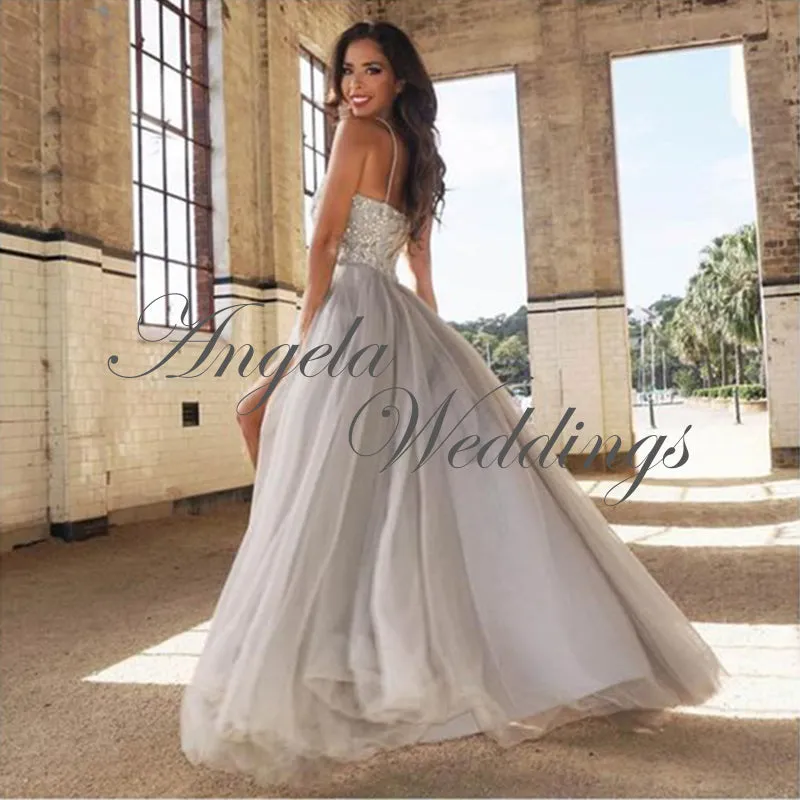 Charming Gray Prom Dresses with Rhinestones Tulle A-line Prom Gowns