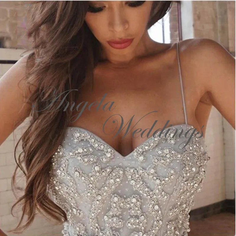 Charming Gray Prom Dresses with Rhinestones Tulle A-line Prom Gowns