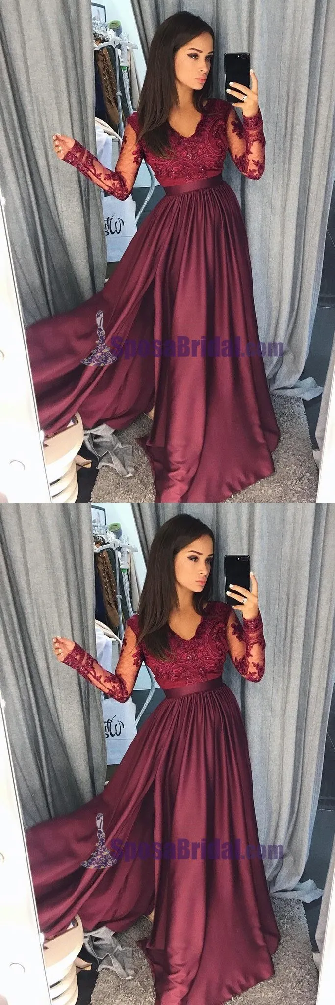 Charming Long Sleeves V neck Top Lace Chiffon Navy Grey Burgundy Prom Dresses, Evening dress, PD0668