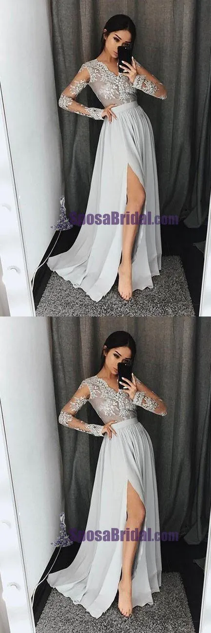 Charming Long Sleeves V neck Top Lace Chiffon Navy Grey Burgundy Prom Dresses, Evening dress, PD0668
