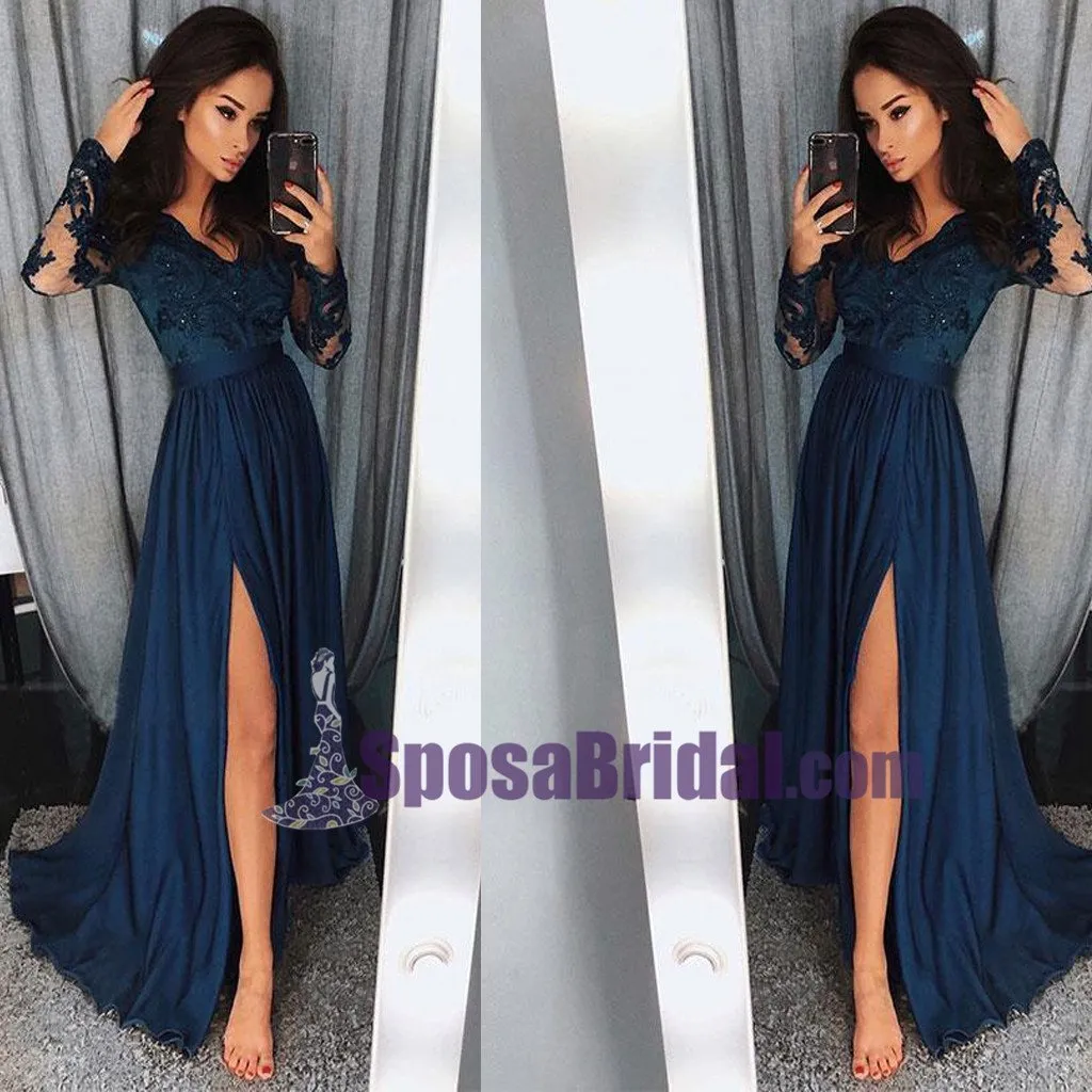 Charming Long Sleeves V neck Top Lace Chiffon Navy Grey Burgundy Prom Dresses, Evening dress, PD0668