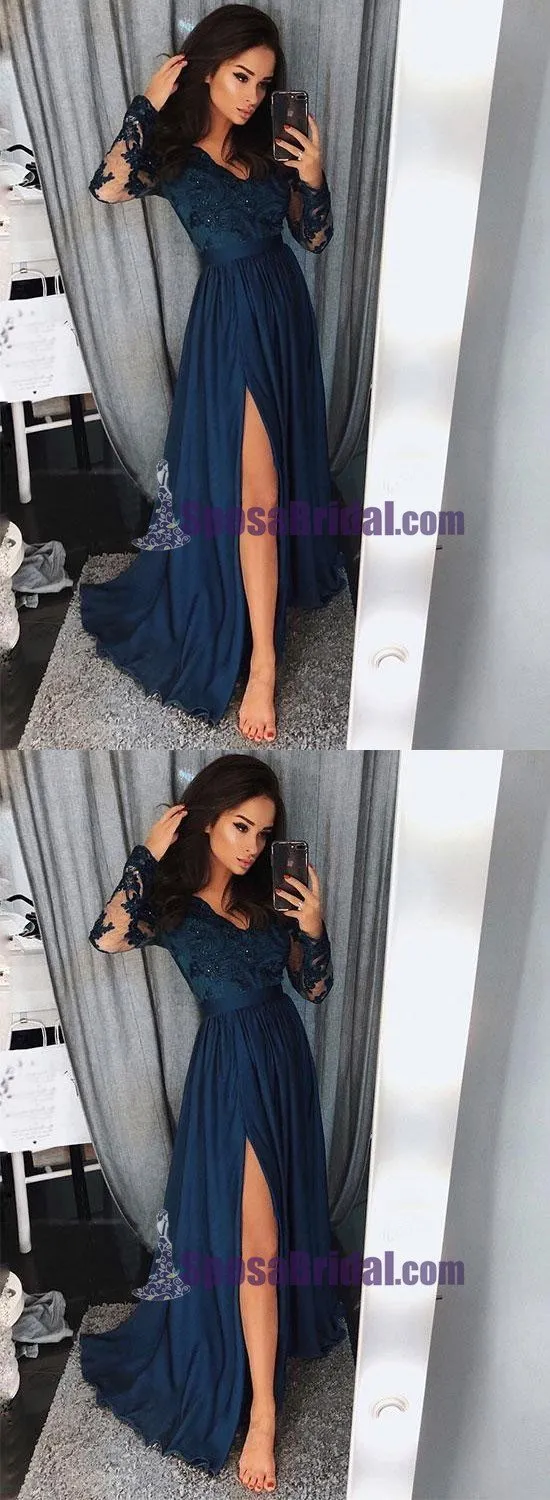 Charming Long Sleeves V neck Top Lace Chiffon Navy Grey Burgundy Prom Dresses, Evening dress, PD0668