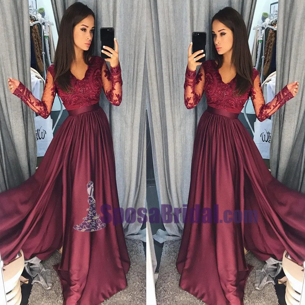 Charming Long Sleeves V neck Top Lace Chiffon Navy Grey Burgundy Prom Dresses, Evening dress, PD0668