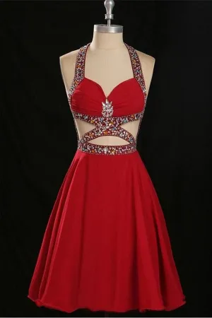 Charming Red Halter Beaded Open Back Chiffon Homecoming Dress  K217
