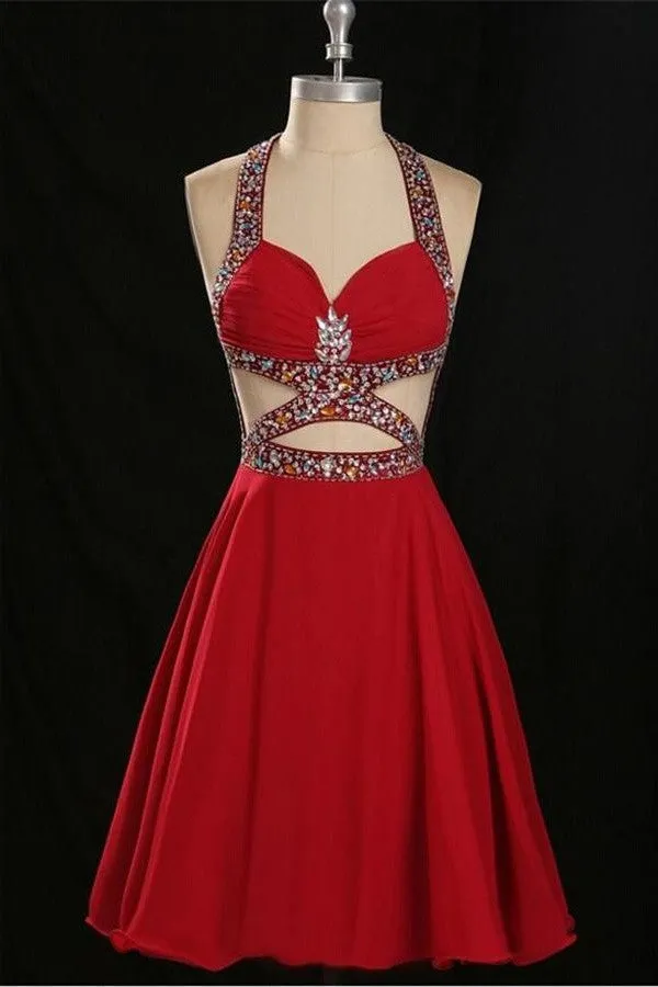 Charming Red Halter Beaded Open Back Chiffon Homecoming Dress  K217