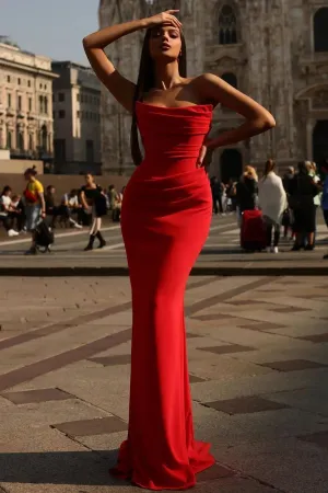 Chic Red Sleeveless Pleated Mermaid Prom Dress in Luxurious Charmeuse Fabric