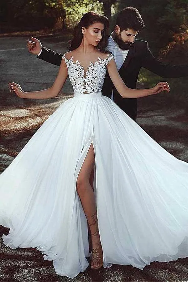 Chiffon A-line V-neck Lace Appliques Wedding Dress With Slit, Bridal Gown, MW784