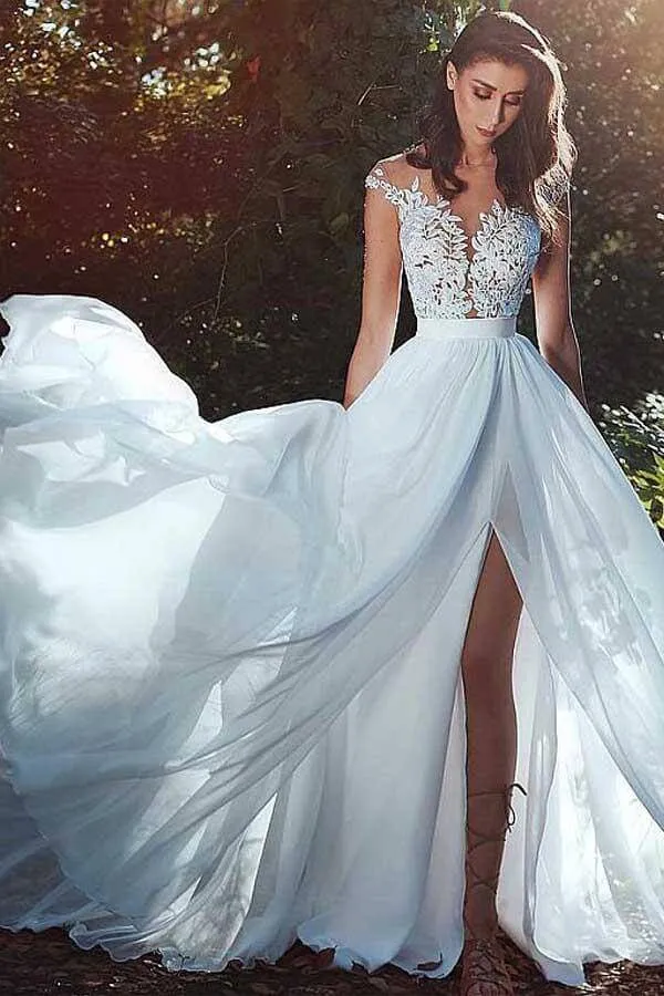 Chiffon A-line V-neck Lace Appliques Wedding Dress With Slit, Bridal Gown, MW784