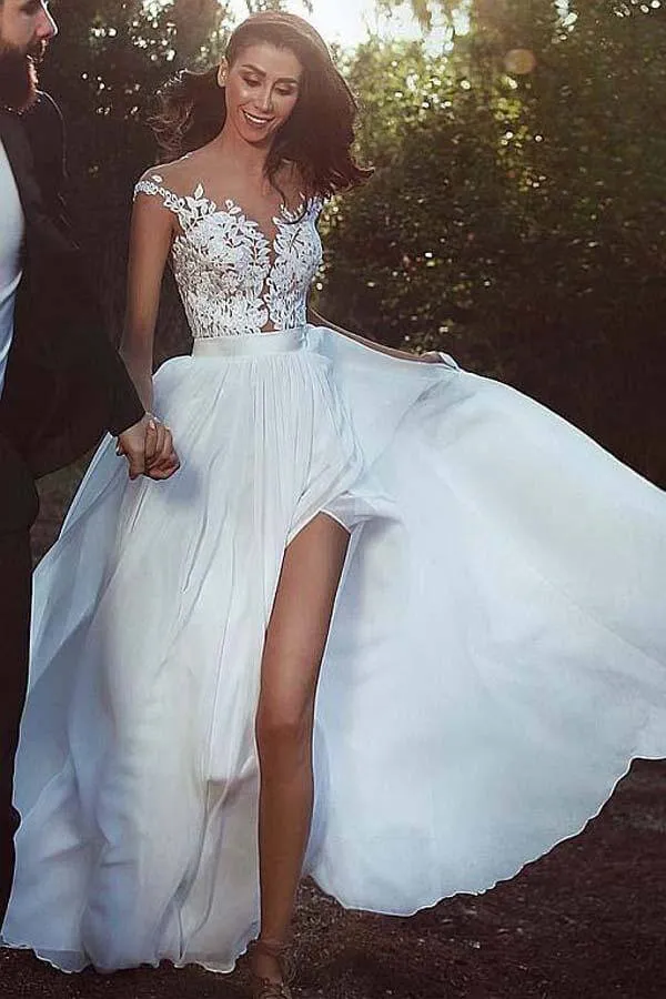 Chiffon A-line V-neck Lace Appliques Wedding Dress With Slit, Bridal Gown, MW784