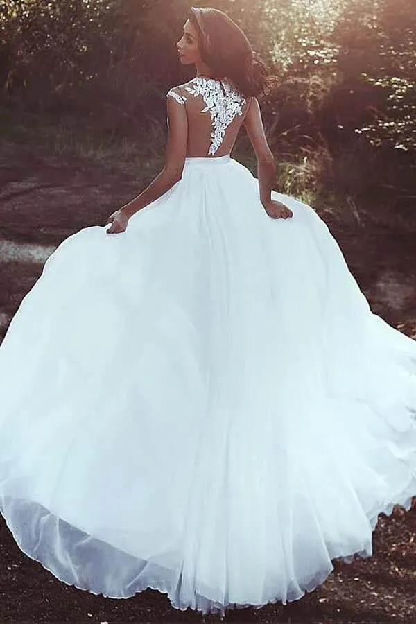 Chiffon A-line V-neck Lace Appliques Wedding Dress With Slit, Bridal Gown, MW784
