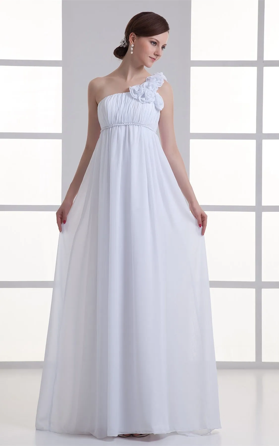 Chiffon Floral Floor-Length Empire One-Shoulder Long Dress-GC_708064