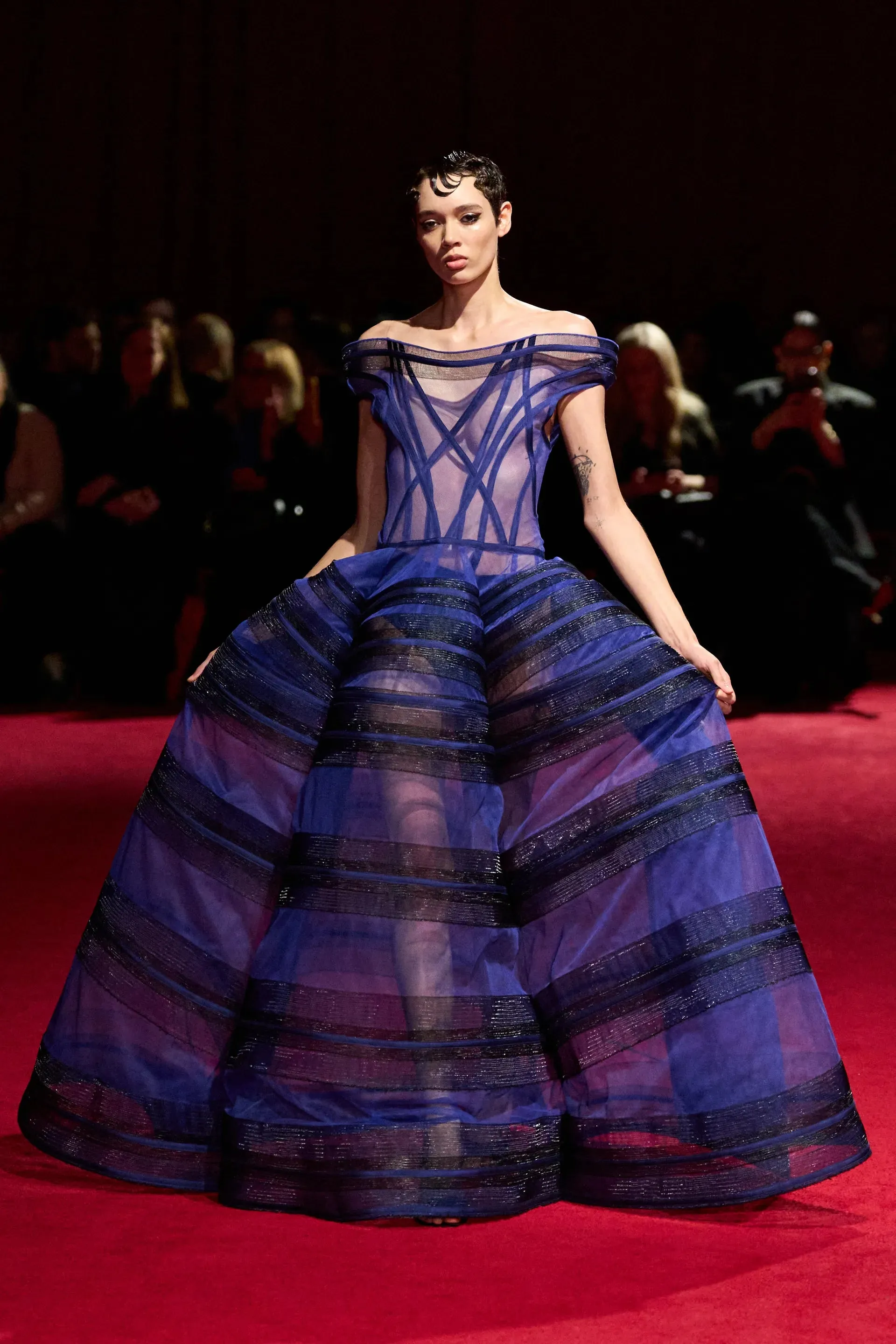 Cobalt Blue & Black Corset Off the Shoulder Horsehair Gown