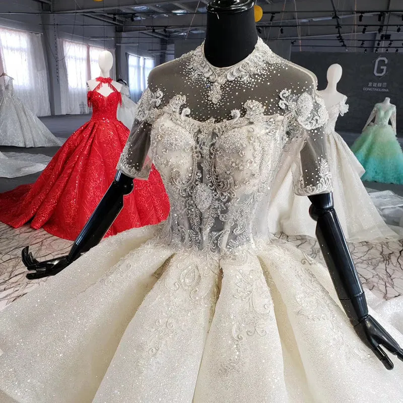 Crystal o-neck short sleeves wedding gowns