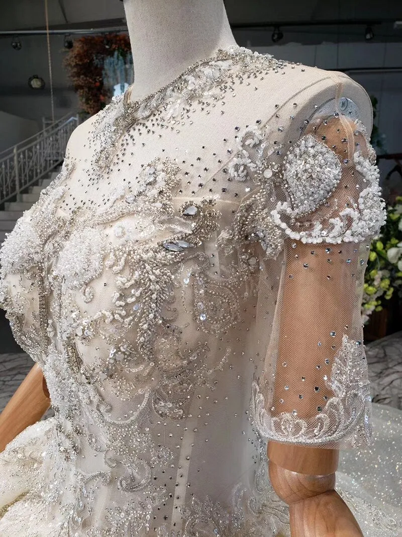 Crystal o-neck short sleeves wedding gowns