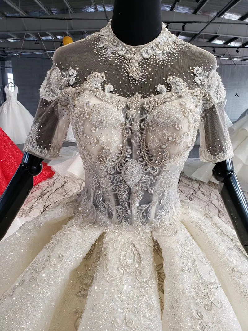 Crystal o-neck short sleeves wedding gowns