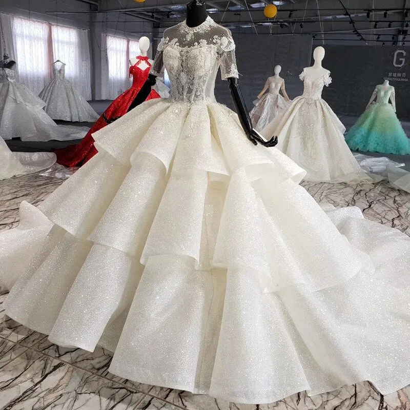 Crystal o-neck short sleeves wedding gowns