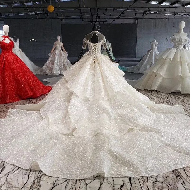 Crystal o-neck short sleeves wedding gowns